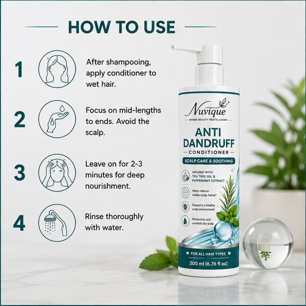 Nuvique Anti Dandruff Conditioner 200ml | Tea Tree Oil & Peppermint Hair Conditioner | Daily Scalp Care | All Hair Types