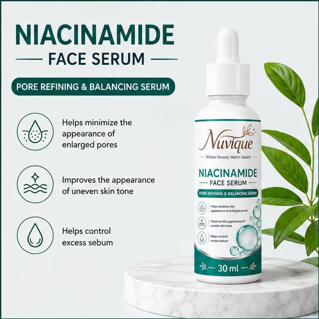 Nuvique Niacinamide Face Serum 30 ml | Lightweight Daily Facial Serum for Pore Care, Oil Balance, Smooth Texture & Even Looking Skin | Suitable for Oily, Combination & Normal Skin