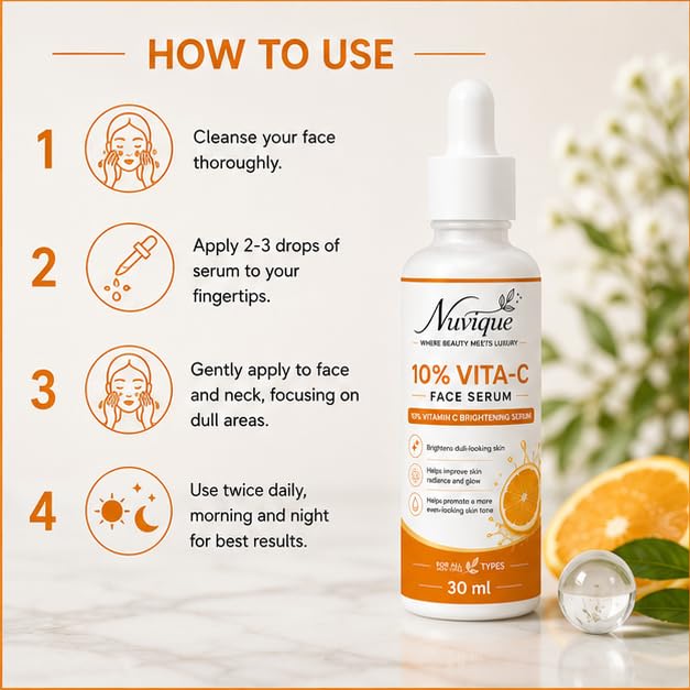 Nuvique 10% Vitamin C Face Serum 30 ml | Lightweight Daily Brightening Facial Serum for Glow, Radiance & Even Looking Skin | Fast Absorbing Formula for All Skin Types