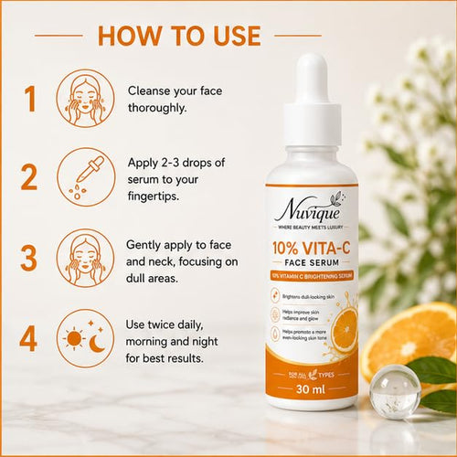 Nuvique 10% Vitamin C Face Serum 30 ml | Lightweight Daily Brightening Facial Serum for Glow, Radiance & Even Looking Skin | Fast Absorbing Formula for All Skin Types
