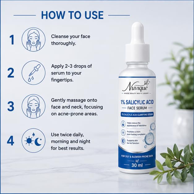Nuvique 1% Salicylic Acid Face Serum 30 ml | Lightweight Daily Facial Serum for Oily & Blemish Prone Skin, Pore Care & Smooth Looking Skin | Fast Absorbing Formula