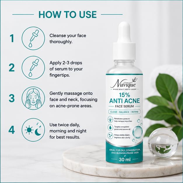 Nuvique Anti Acne Face Serum 30 ml | Lightweight Daily Facial Serum for Oily & Combination Skin, Pore Care & Smooth Looking Complexion