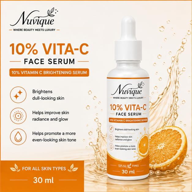 Nuvique 10% Vitamin C Face Serum 30 ml | Lightweight Daily Brightening Facial Serum for Glow, Radiance & Even Looking Skin | Fast Absorbing Formula for All Skin Types