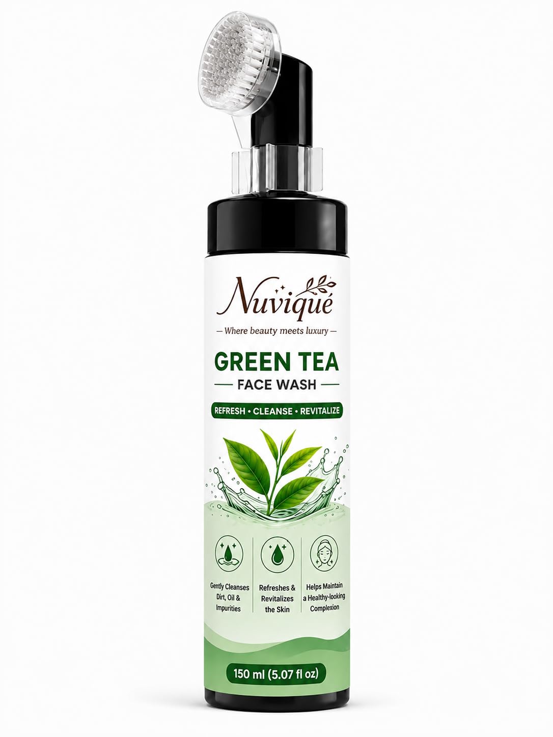 Nuvique Green Tea Face Wash with Built-in Cleansing Brush 150ml | Refreshing Daily Facial Cleanser with Green Tea Extract