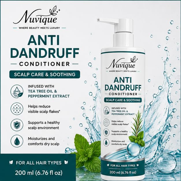 Nuvique Anti Dandruff Conditioner 200ml | Tea Tree Oil & Peppermint Hair Conditioner | Daily Scalp Care | All Hair Types