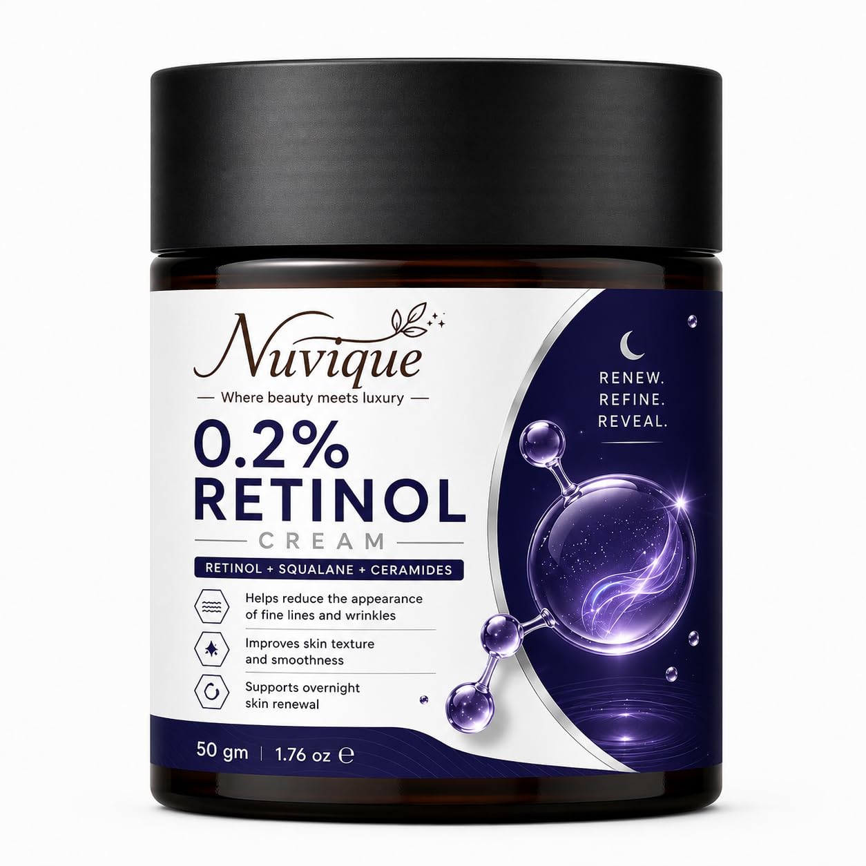 Nuvique 0.2% Retinol Cream with Squalane & Ceramides 50g | Evening Face Cream for Smoother Looking Skin