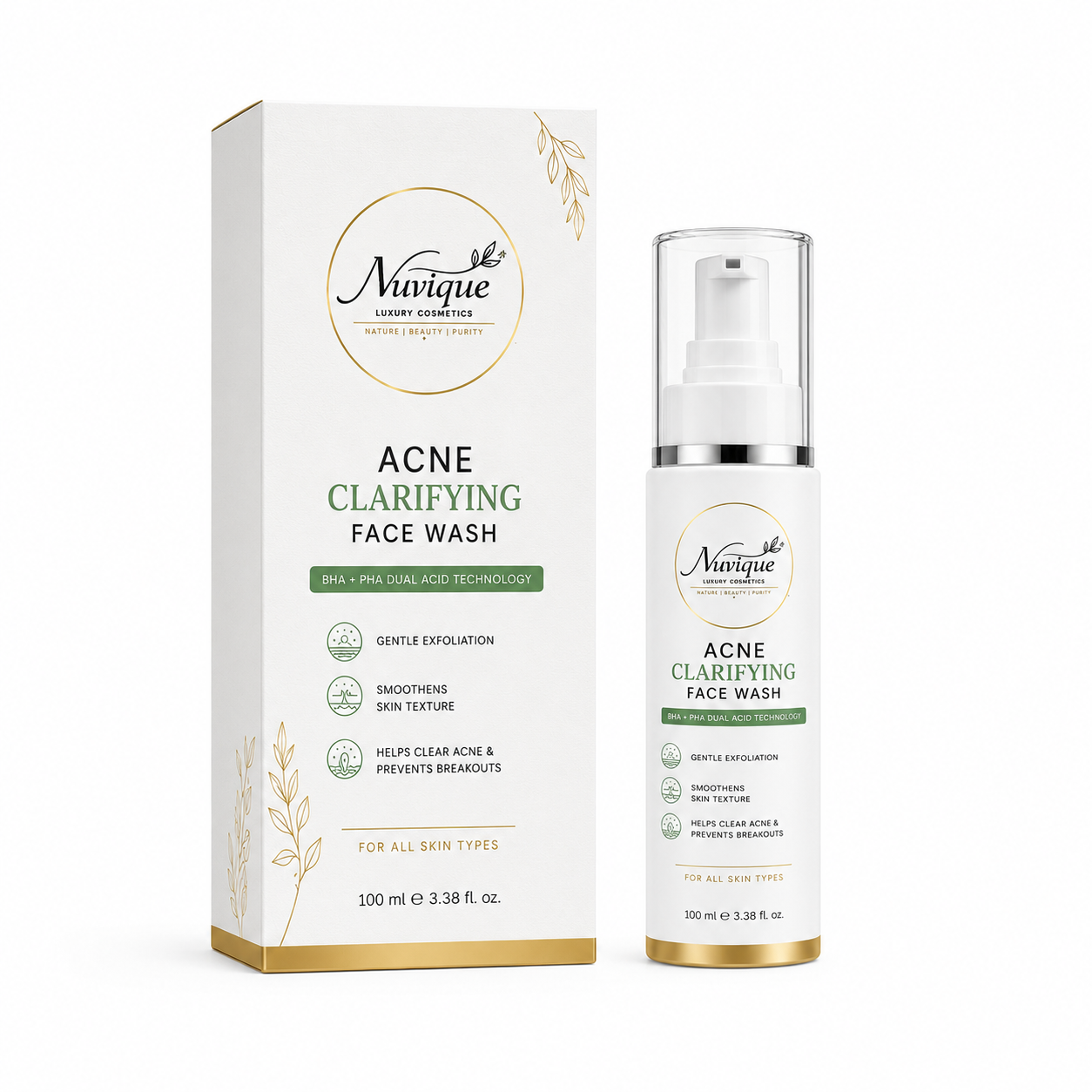 Nuvique Acne Clarifying Face Wash with BHA + PHA Dual Acid Technology | Face Wash for Acne-Prone & Oily Skin | Helps Clear Pores, Control Excess Oil & Smooth Skin Texture | Daily Facial Cleanser | 100ml