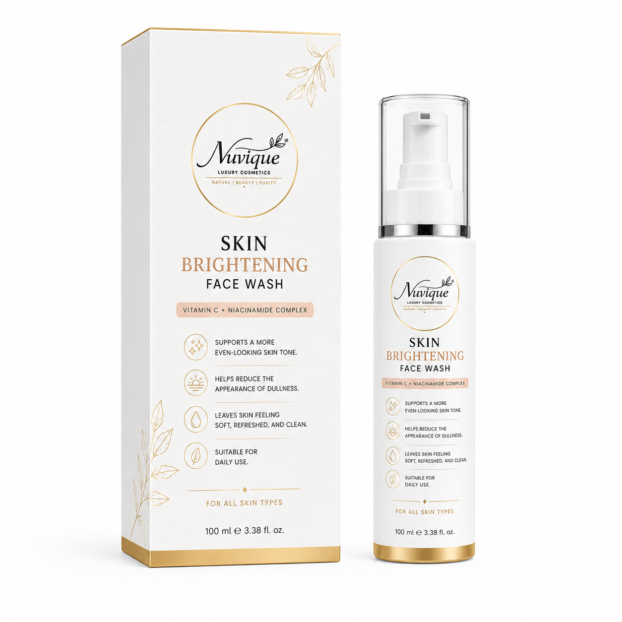 Nuvique Skin Brightening Face Wash with Vitamin C & Niacinamide | Brightening Cleanser for Dull & Uneven Skin Tone | Gentle Daily Face Wash for Radiant, Fresh & Healthy-Looking Skin | 100ml