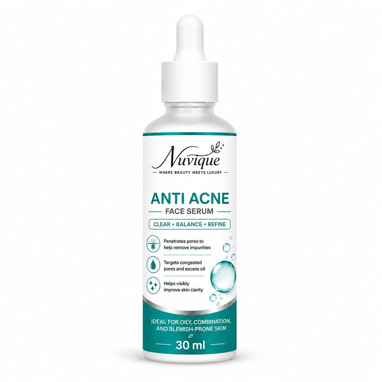 Nuvique Anti Acne Face Serum 30 ml | Lightweight Daily Facial Serum for Oily & Combination Skin, Pore Care & Smooth Looking Complexion
