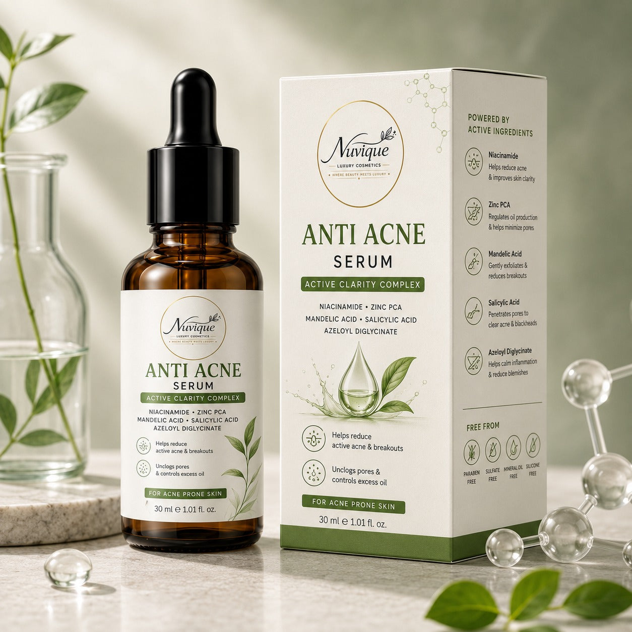 Nuvique Anti Acne Serum for Face with Niacinamide, Zinc PCA, Salicylic Acid & Mandelic Acid | Acne Control Serum for Pimples, Breakouts & Excess Oil | Pore Refining Facial Serum for Acne-Prone Skin | 30ml
