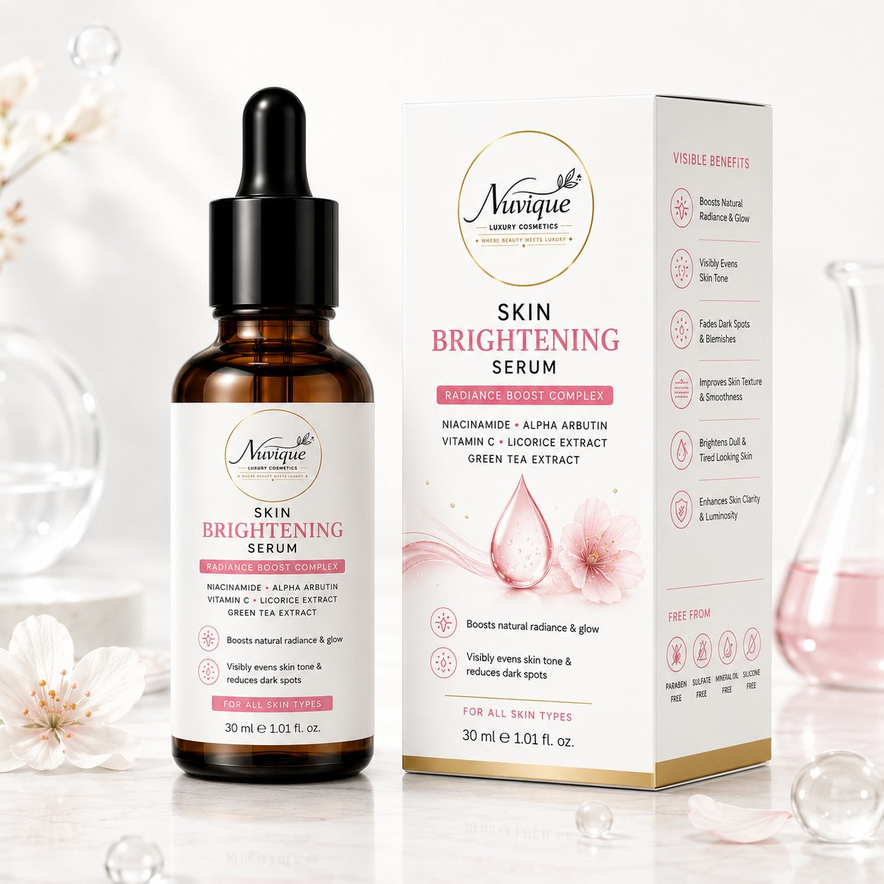 Nuvique Skin Brightening Serum with Niacinamide, Alpha Arbutin & Vitamin C | Dark Spot Corrector Serum for Face | Brightening & Glow Serum for Uneven Skin Tone | Hydrating Daily Facial Serum | 30ml